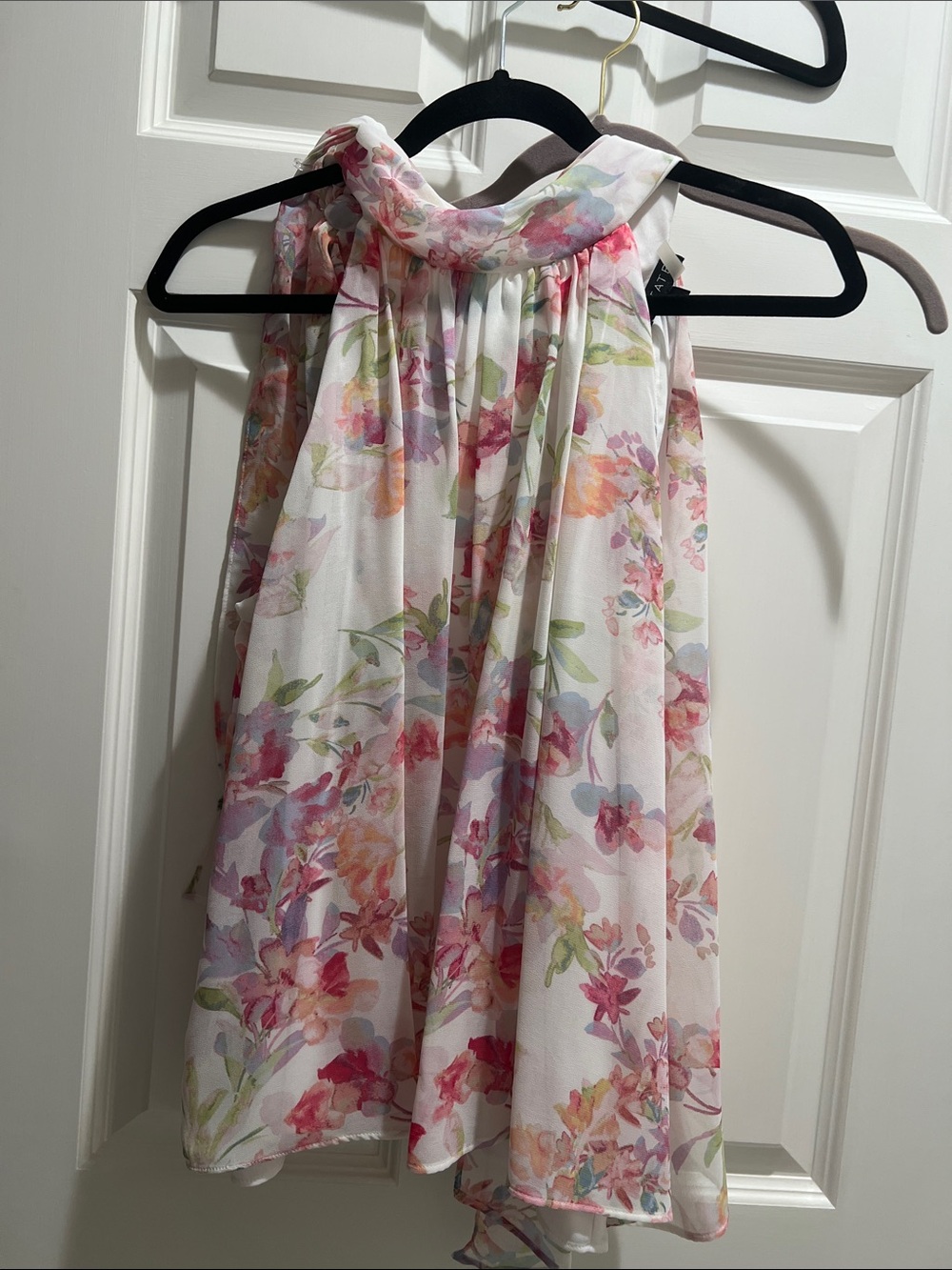 1. State Watercolor Floral Halter Top in White with Pink, Peach & Green